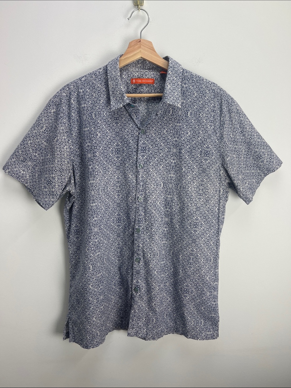 Tori Richard Printed Cotton Lawn Shirt Blue White Made In Hawaii Resort Large